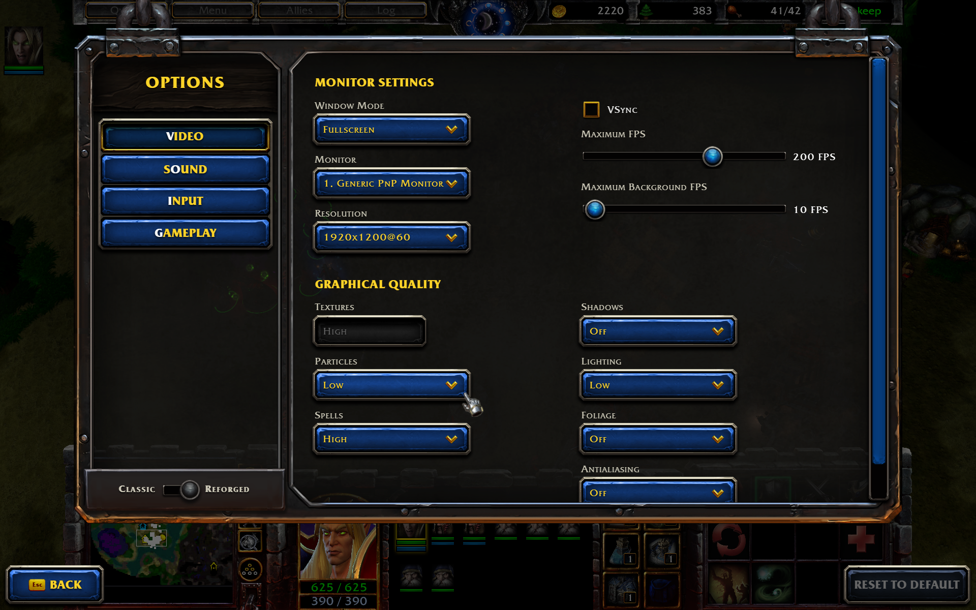 Warcraft 3 graphics options menu